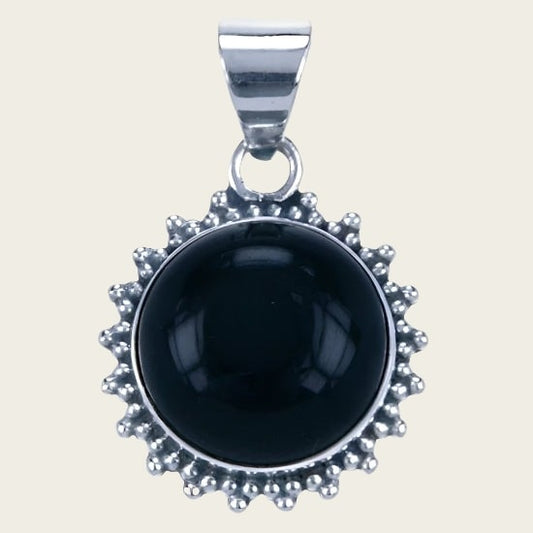 Zilveren Onyx zwart edelsteen rond met kartelrand ketting hanger