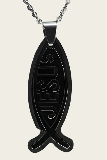 Stainless steel Ichtus fish with Jesus necklace pendant - stainless steel