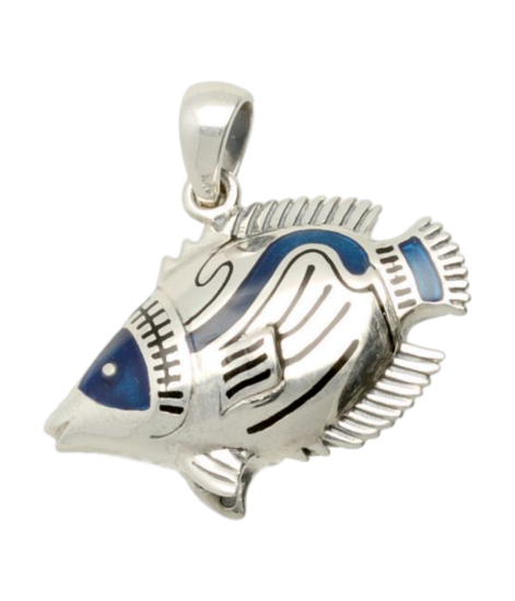 Zilveren Tropische vis met blauw emaille kettinghanger