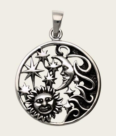Silver Sun, Moon and Stars Round Necklace Pendant