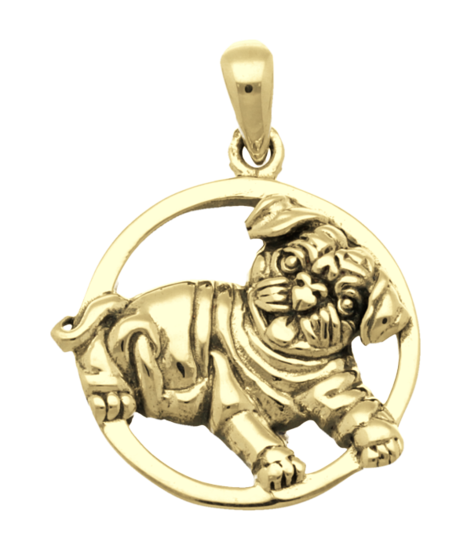 Gouden Mopshond in ring kettinghanger
