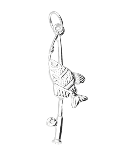 Silver Fishing Rod Necklace Pendant - with fish