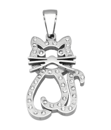 RVS Poes met kristallen ketting hanger - edelstaal