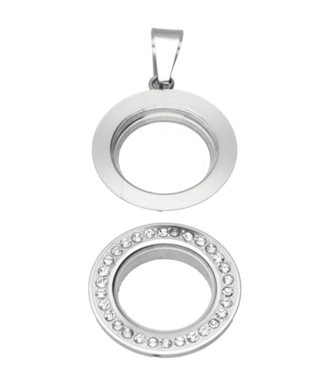 RVS medaillon rond glad strass 22 mm. ketting hanger - edelstaal