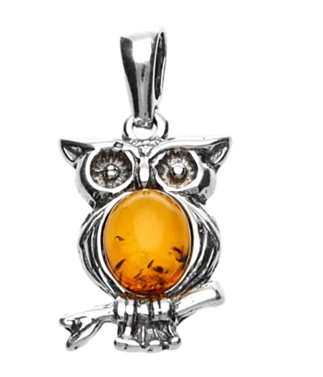 Silver Amber Owl Necklace Pendant