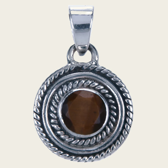 Silver Tiger Eye Gemstone Round Facet Cut Necklace Pendant