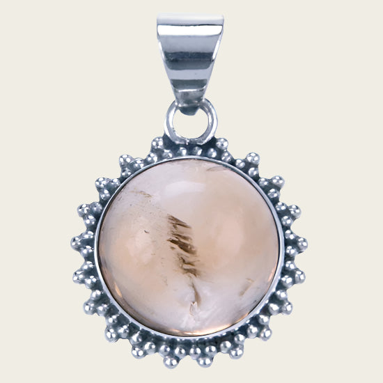 Silver Citrine Gemstone Round with Serrated Edge Necklace Pendant