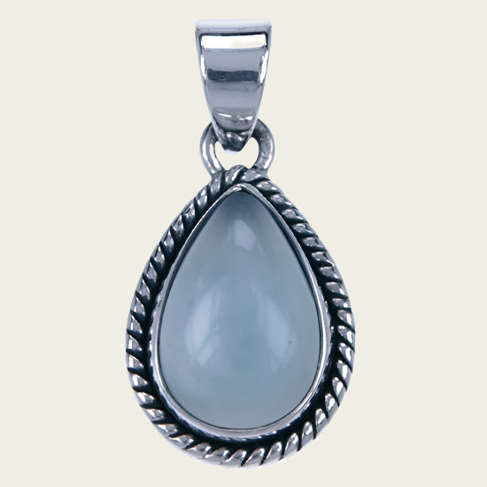 Zilveren Chalcedoon aqua edelsteen druppel met parelrand kettinghanger
