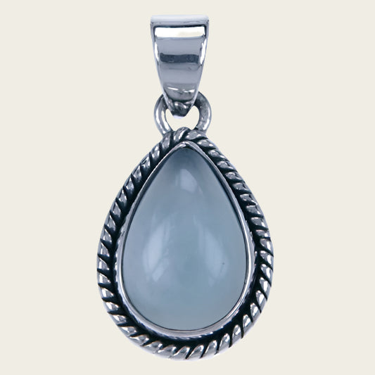 Zilveren Chalcedoon aqua edelsteen druppel met parelrand kettinghanger