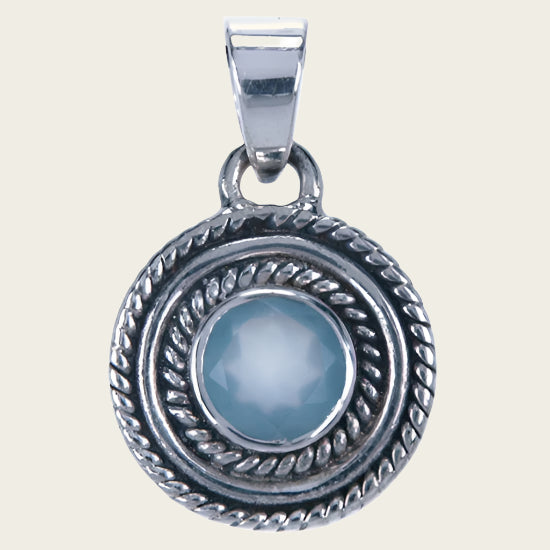 Silver Chalcedony Aqua Gemstone Round Facet Cut Necklace Pendant