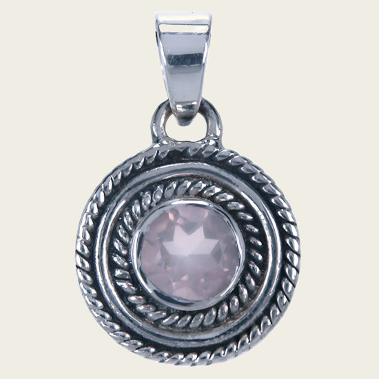 Silver Rose Quartz Gemstone Round Facet Cut Necklace Pendant
