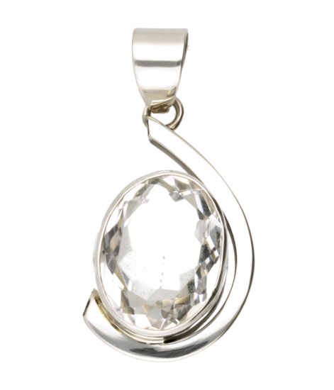 Silver Rock Crystal Gemstone Facet Oval Large Pendant