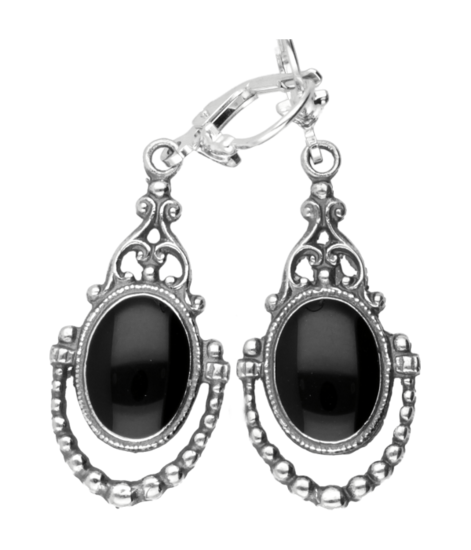 Silver Pendulum bead with black enamel Art Nouveau Jugendstil earring