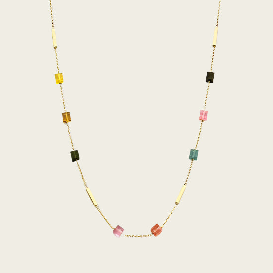 Gouden Ketting met toermalijn edelstenen en gouden staafjes in 14 karaat 585 geelgoud