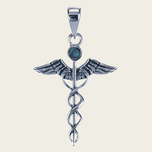 Zilveren Mercurius staf met maansteen ketting hanger