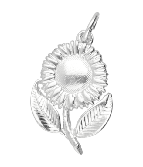 Silver Sunflower with stem and leaf necklace pendant 