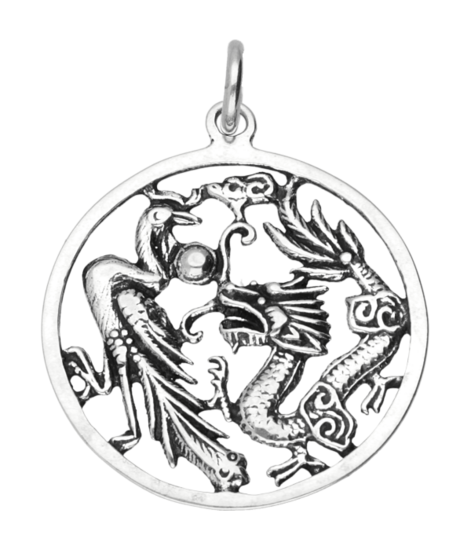 Silver Peacock with Dragon Large Necklace Pendant 
