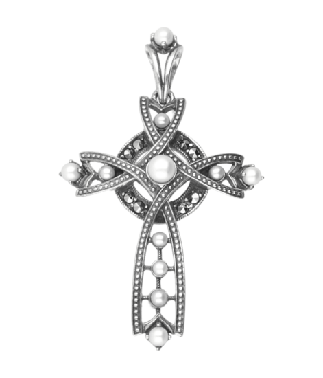 Silver Cross decorated with pearls necklace pendant 