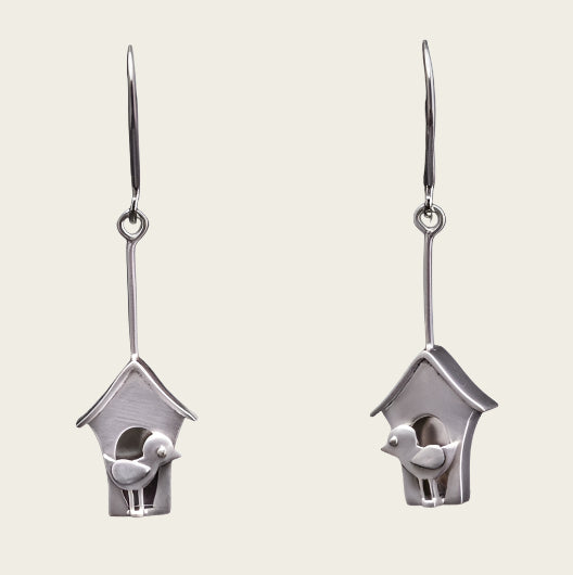 Silver Birdhouse with bird earrings 