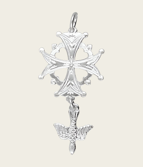 Zilveren Hugenotenkruis middel met losse duif kettinghanger