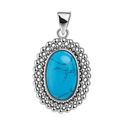 Zilveren Turquoise ovaal met bolletjes bewerkte rand kettinghanger