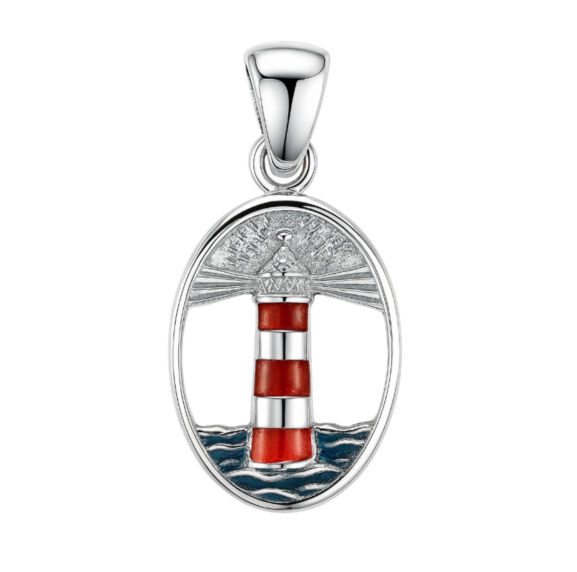 Zilveren Vuurtoren met zee in ovaal kettinghanger