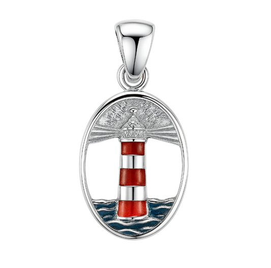Zilveren Vuurtoren met zee in ovaal kettinghanger