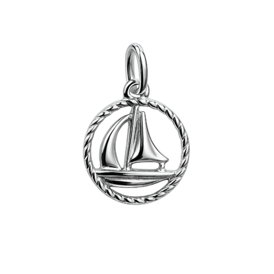 Zilveren Zeilboot in bewerkte ring klein kettinghanger