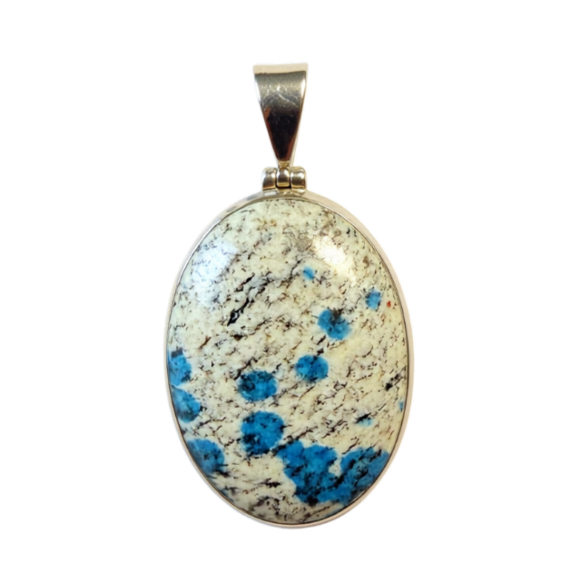 K2 Jaspis kitaniet zilver afgewerkte grote ovale kettinghanger kleuren beige, blauw en zwart