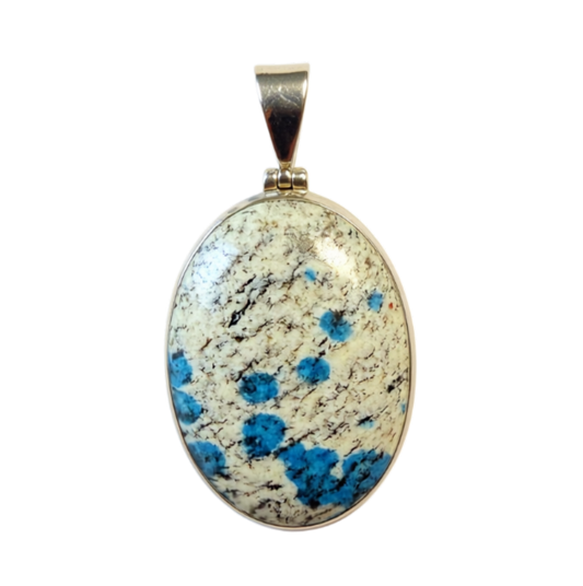 K2 Jaspis kitaniet zilver afgewerkte grote ovale kettinghanger kleuren beige, blauw en zwart