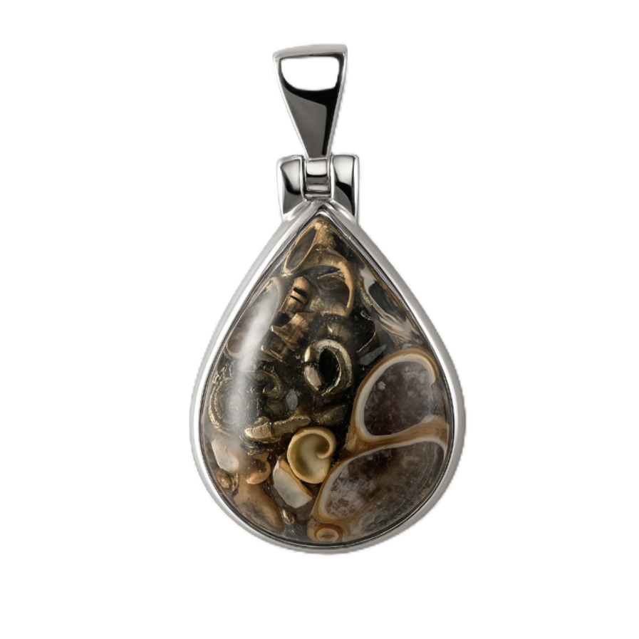 Zilveren fossiel Turritella Agaat druppel kettinghanger