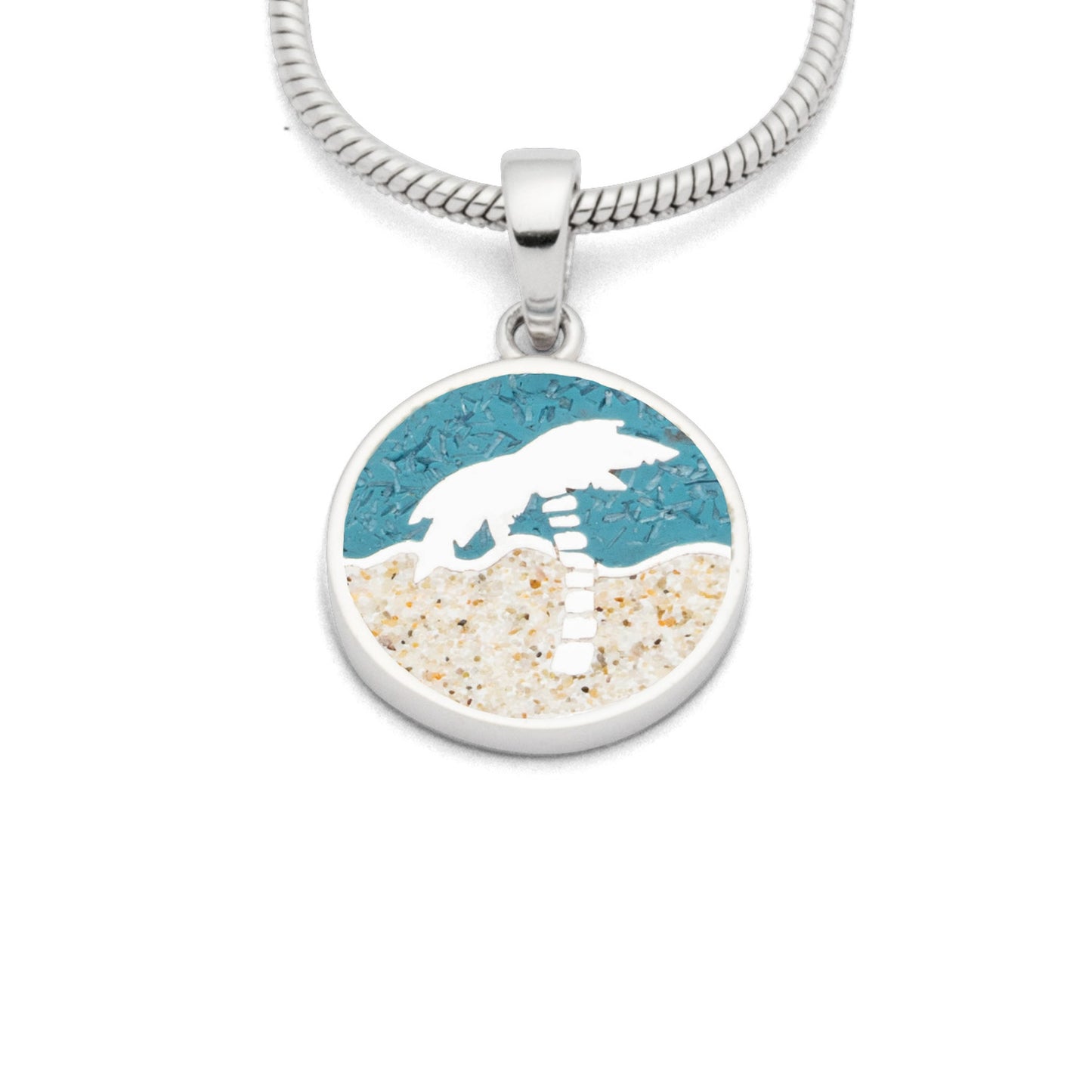 Zilveren ketting hanger Palmboom aan zee met echt zand KHZ-5765