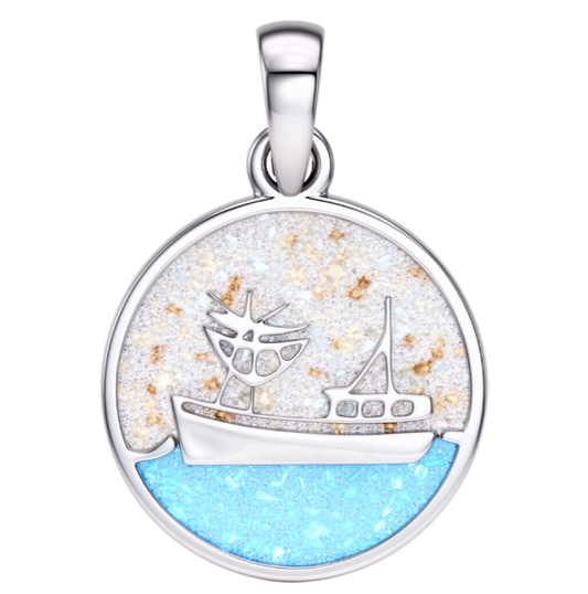 Zilveren ketting hanger Vissersboot in zee met echt zand KHZ-5767