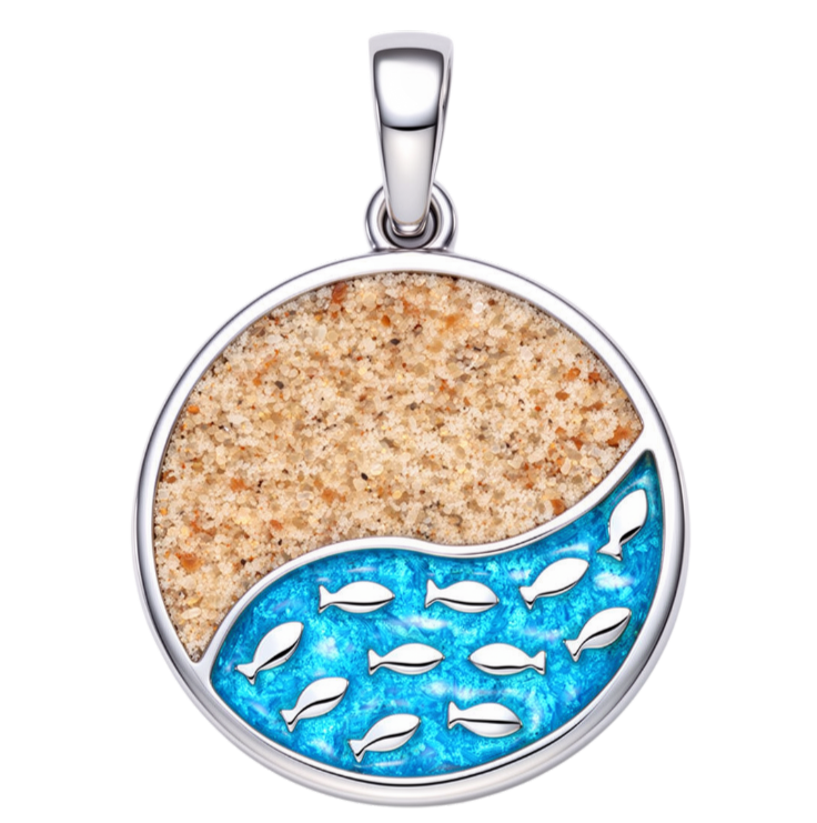 Zilveren ketting hanger Vissen zwemmen in zee met echt zand KHZ-5768