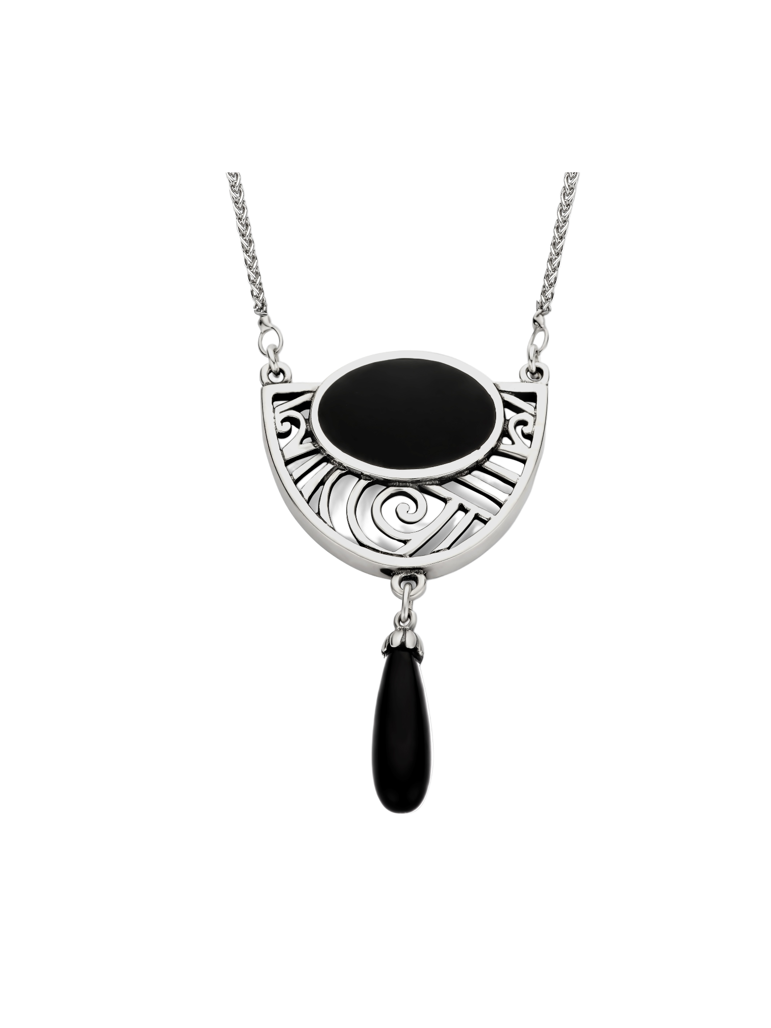 Zilveren ketting hanger Art Deco design met Onyx inleg en pendel + ketting 45 cm KHZ-5960