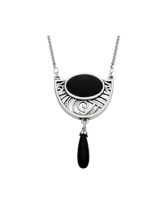 Zilveren ketting hanger Art Deco design met Onyx inleg en pendel + ketting 45 cm KHZ-5960