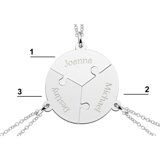 Zilveren graveerplaatje breekhanger Puzzelbol trio ketting hanger Zilveren-vriendschapsketting-rond-drie-puzzelstukjes